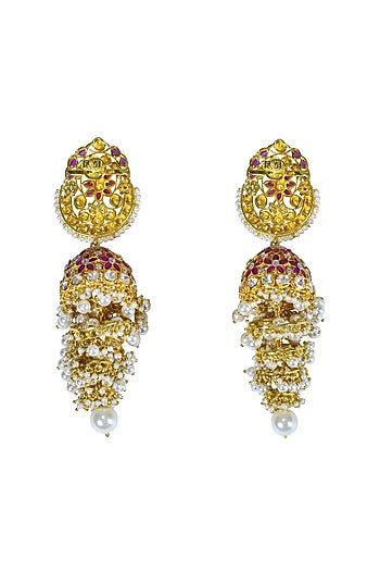 Gold Finish Ruby Jhumka Earrings In Sterling Silver