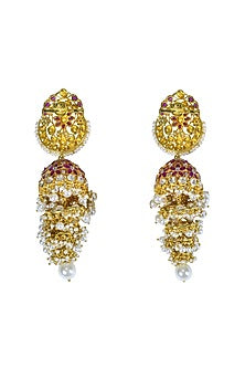 Gold Finish Ruby Jhumka Earrings In Sterling Silver