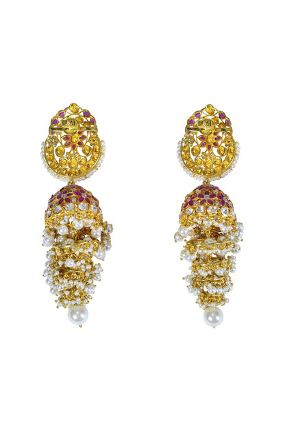 Gold Finish Ruby Jhumka Earrings In Sterling Silver