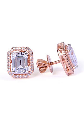 Rose Gold Finish Carved Stones Stud Earrings In Sterling Silver