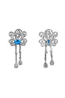 White Finish Blue Stone Dangler Earrings In Sterling Silver