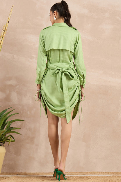 Mint Green Herringbone Texture Trench Dress With Belt