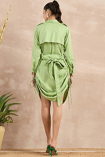 Mint Green Herringbone Texture Trench Dress With Belt