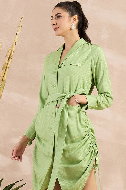 Mint Green Herringbone Texture Trench Dress With Belt