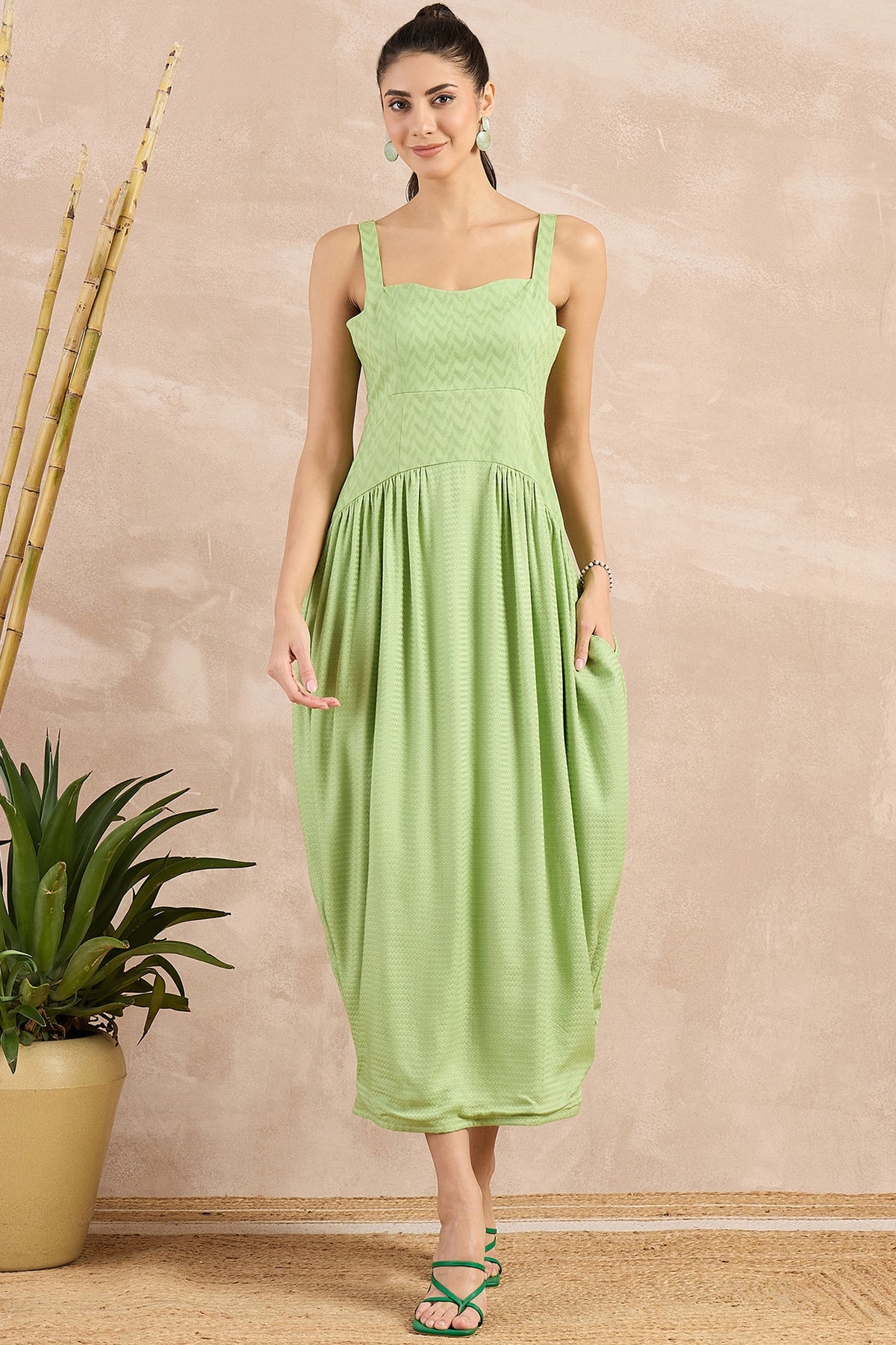 Mint Green Herringbone Pleated Sleeveless Midi Dress