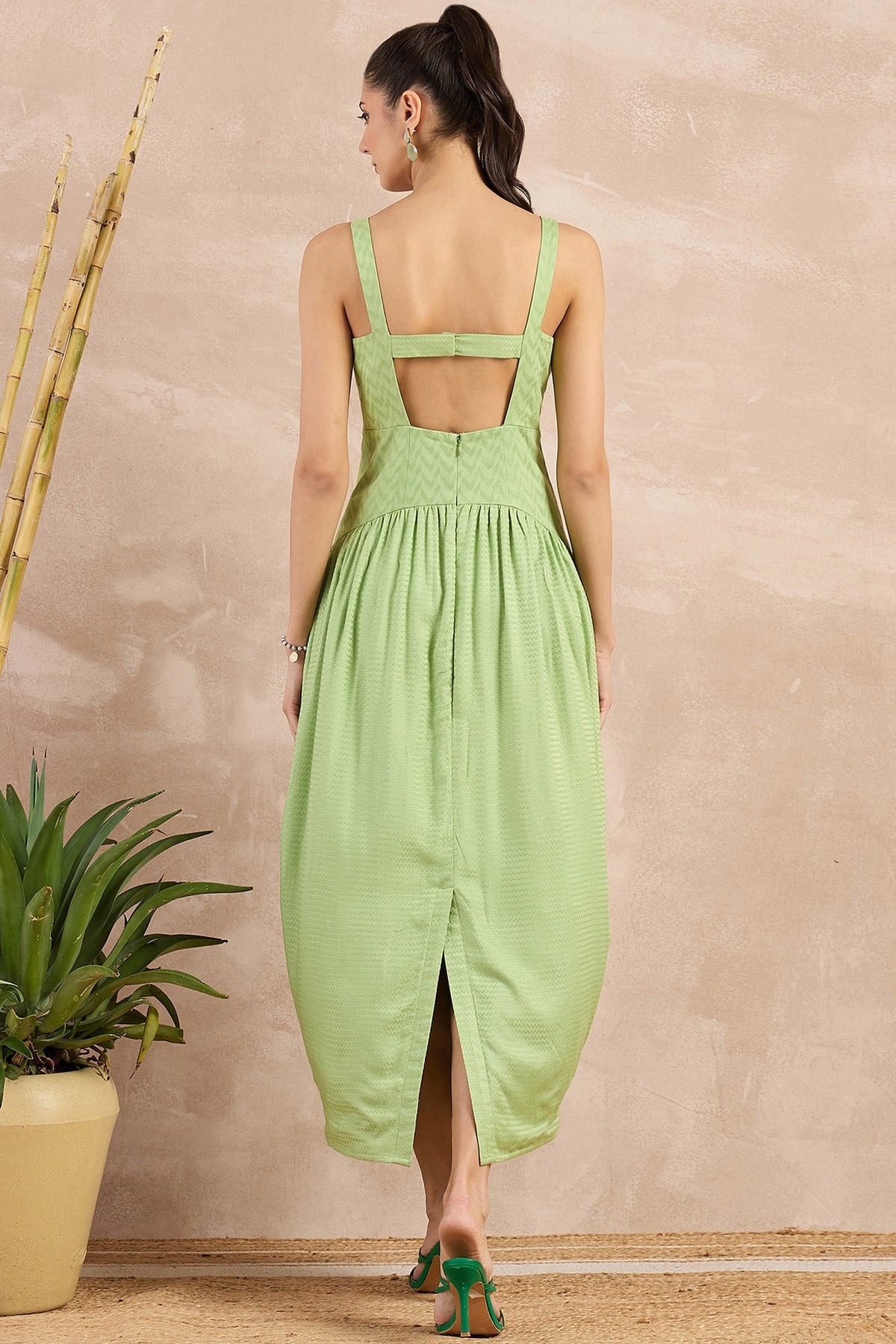 Mint Green Herringbone Pleated Sleeveless Midi Dress