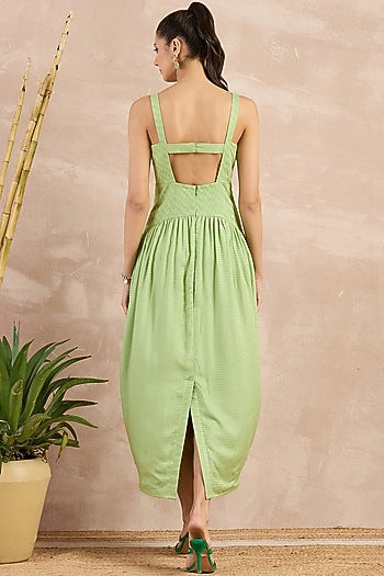 Mint Green Herringbone Pleated Sleeveless Midi Dress