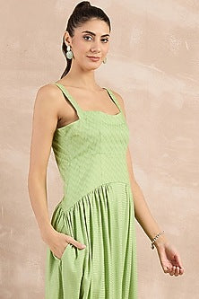 Mint Green Herringbone Pleated Sleeveless Midi Dress