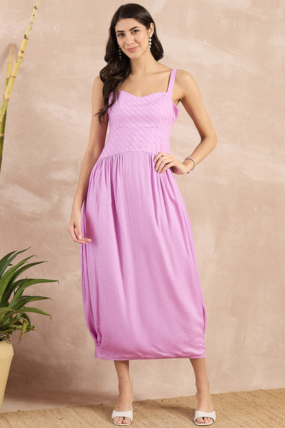 Purple Herringbone Pleated Sleeveless Midi Dress