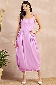 Purple Herringbone Pleated Sleeveless Midi Dress