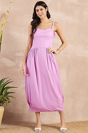 Purple Herringbone Pleated Sleeveless Midi Dress