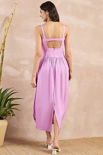 Purple Herringbone Pleated Sleeveless Midi Dress