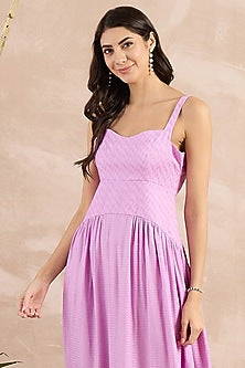 Purple Herringbone Pleated Sleeveless Midi Dress