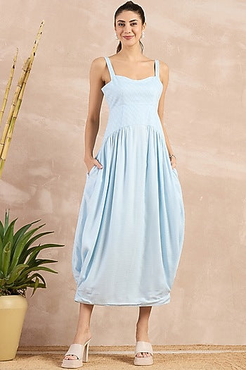 Sky Blue Herringbone Pleated Sleeveless Midi Dress