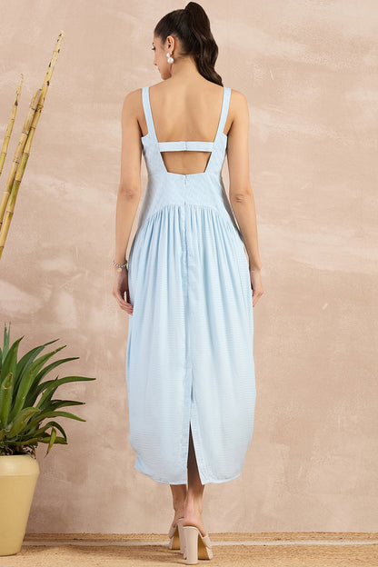 Sky Blue Herringbone Pleated Sleeveless Midi Dress