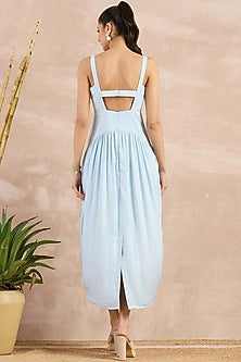Sky Blue Herringbone Pleated Sleeveless Midi Dress