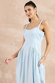 Sky Blue Herringbone Pleated Sleeveless Midi Dress