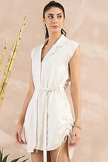 White Herringbone Trench Mini Dress With Belt