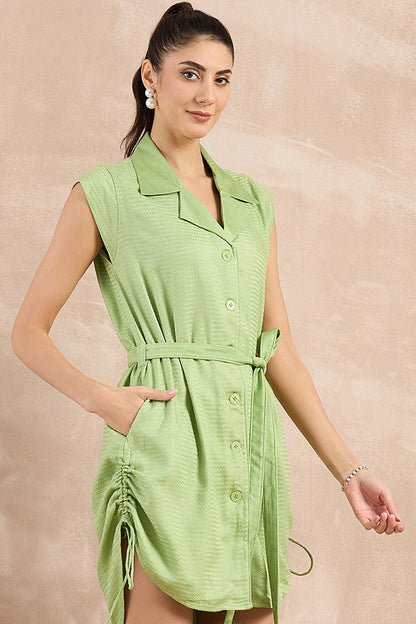 Mint Green Herringbone Trench Mini Dress With Belt