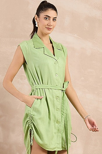 Mint Green Herringbone Trench Mini Dress With Belt