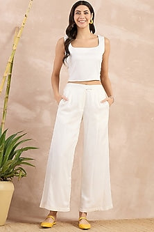 White Herringbone Flared Pants