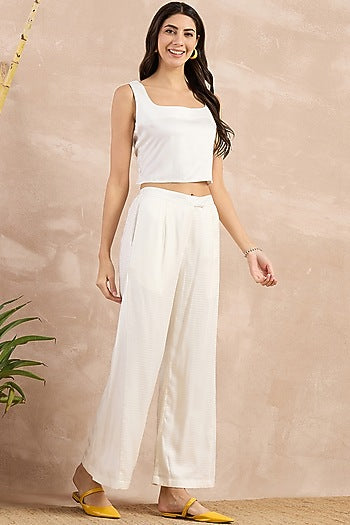 White Herringbone Flared Pants