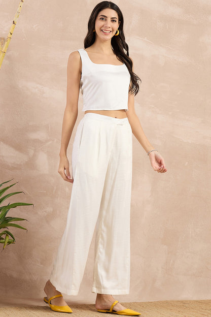 White Herringbone Flared Pants