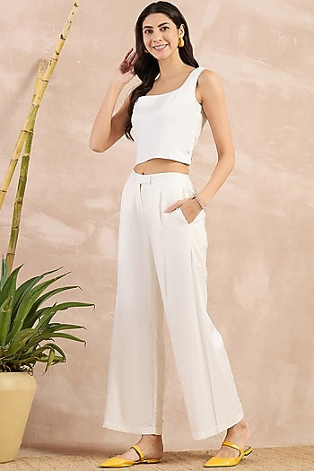White Herringbone Flared Pants