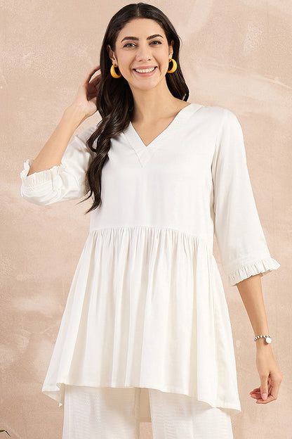 White Herringbone Frilled Peplum Top