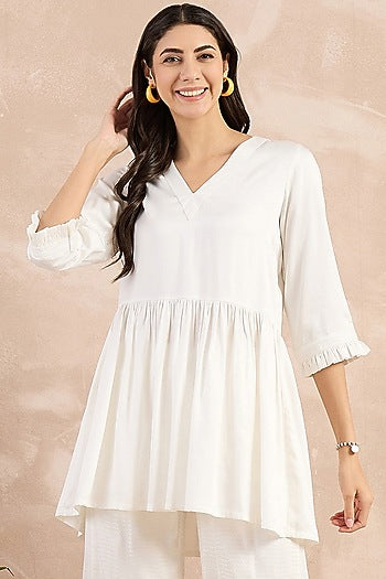 White Herringbone Frilled Peplum Top