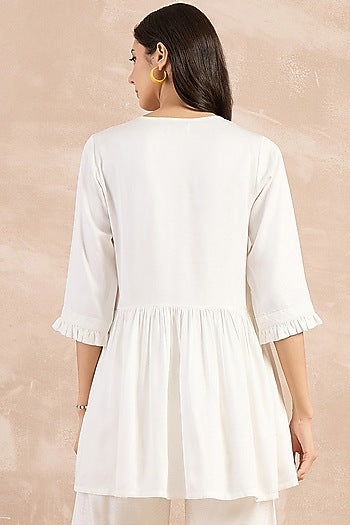 White Herringbone Frilled Peplum Top
