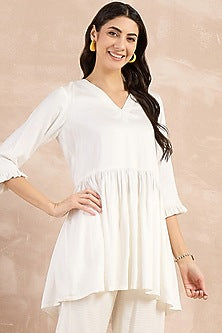 White Herringbone Frilled Peplum Top