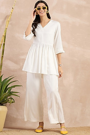White Herringbone Frilled Peplum Top