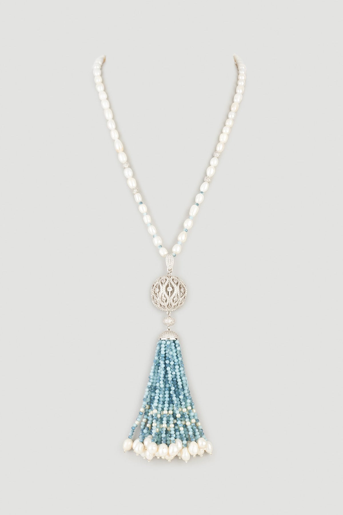 White Finish Pearl & Zircons Long Necklace