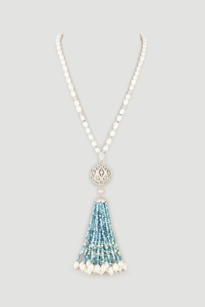 White Finish Pearl & Zircons Long Necklace