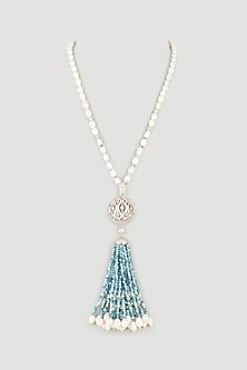 White Finish Pearl & Zircons Long Necklace
