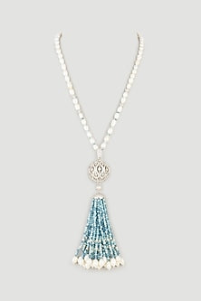 White Finish Pearl & Zircons Long Necklace