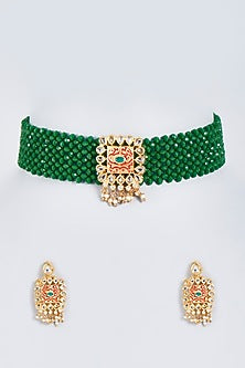 Two-Tone Finish Green Crystal Beaded Choker Necklace Set