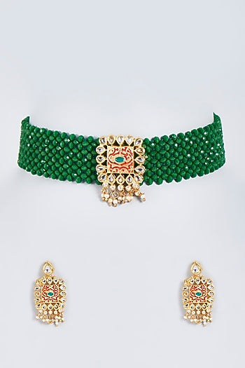 Two-Tone Finish Green Crystal Beaded Choker Necklace Set