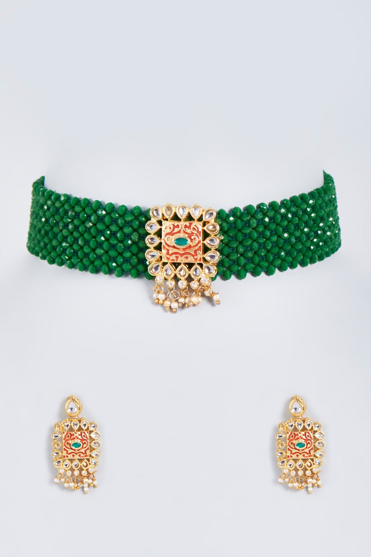Two-Tone Finish Green Crystal Beaded Choker Necklace Set