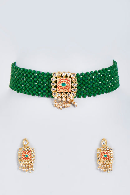 Two-Tone Finish Green Crystal Beaded Choker Necklace Set