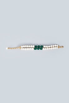 Gold Finish Pearl & Green Natural Stone Bracelet