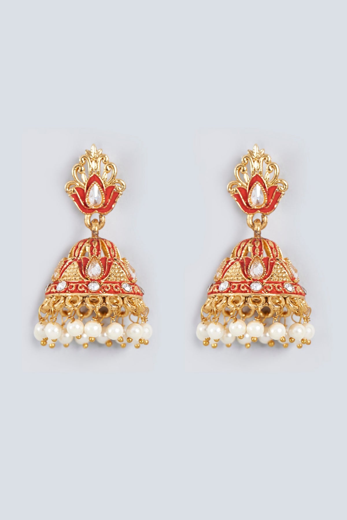 Gold Finish Kundan Polki Meenakari Jhumka Earrings