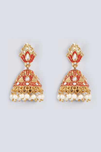 Gold Finish Kundan Polki Meenakari Jhumka Earrings