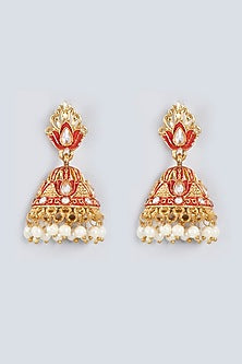 Gold Finish Kundan Polki Meenakari Jhumka Earrings