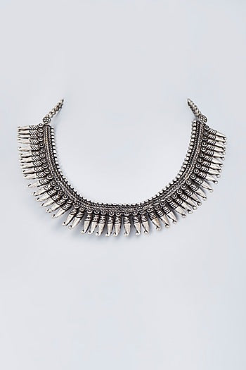Silver Oxidised Finish Spiked Choker Necklace