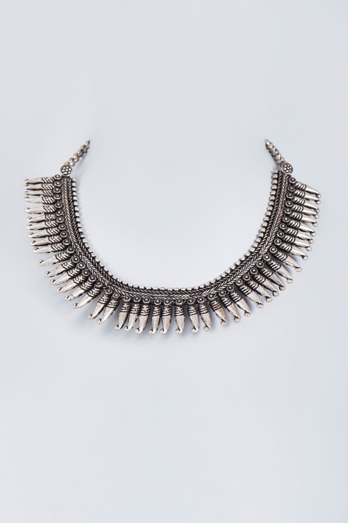 Silver Oxidised Finish Spiked Choker Necklace