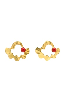Gold Finish Coral Stone Shell Wave Stud Earrings