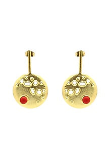 Gold Finish Coral Stone Stiff Dangler Earrings