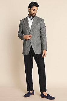 Grey Wool Flannel Herringbone Blazer